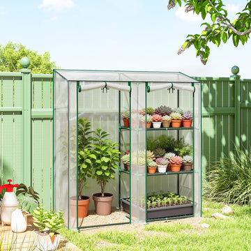 Mini Greenhouse, Portable Greenhouse with 3 Shelves, 2 Roll-up Doors, 56.3