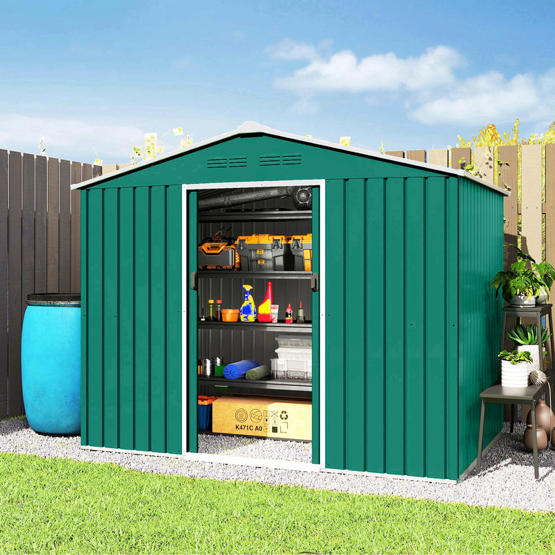 8' x 6' Outdoor Storage Shed, Metal Garden Tool Storage House with Lockable Sliding Doors and Vents for Backyard Patio Lawn, Green