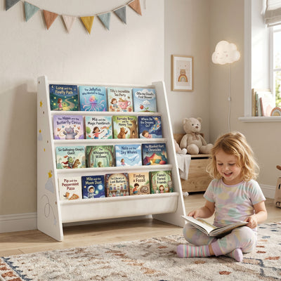 Qaba Fabric Kids Bookshelf, 4-Tier Toddler Sling Book Rack for Playroom, Bedroom, Nursery and Kids Room for Ages 3-6, White