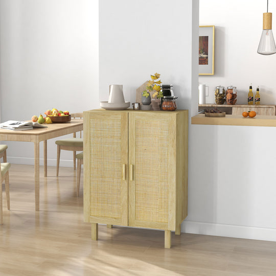 Boho Sideboard, Buffet Cabinet with Storage, Accent Cabinet with 2 Rattan Doors and Adjustable Shelves, Natural