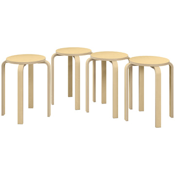 Round Stackable Chairs Set of 4, 18-Inch Backless Stacking Stools for Kitchen, Dining Room, Office, Outdoors, Natural Wood