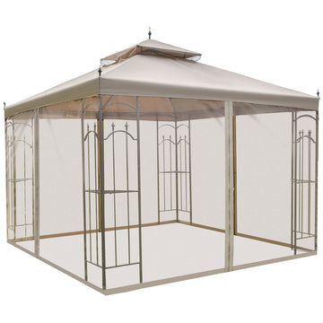 10' x 10' Steel Outdoor Patio Gazebo Canopy with Removable Mesh Curtains, Display Shelves, & Steel Frame