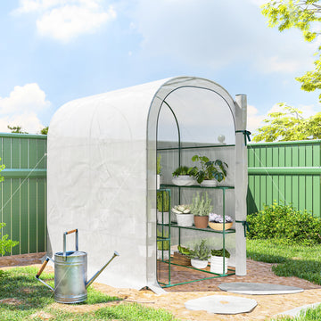 Walk-in Mini Greenhouse with Shelves, Portable Outdoor Greenhouse with Roll-up Door, 123 x 187 x 189 cm, White
