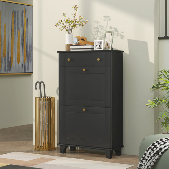 Slim Shoe Storage with 2 Flip Drawers and Adjustable Shelves Shoe Cabinet Organizer for 8 Pair, Black