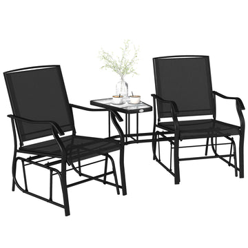 Double Patio Glider Chair with Glass Top Center Table, Outdoor Glider Loveseat with High Back,  All Weather Breathable Mesh Fabric for Garden, Backyard, Deck, Black