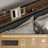 Queen Size Bed Frame with Charging Station, Queen Bed Frame with Upholstered Headboard and Storage Shelf, Walnut