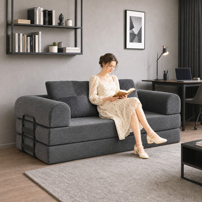 5-in-1 Convertible Sofa Bed, L-Shaped Loveseat Reversible Sleeper Sofa with 2 Pillows, Dark Grey