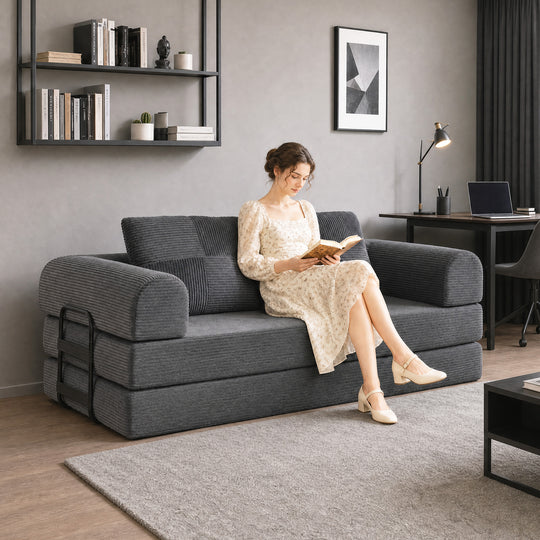 5-in-1 Convertible Sofa Bed, L-Shaped Loveseat Reversible Sleeper Sofa with 2 Pillows, Dark Grey
