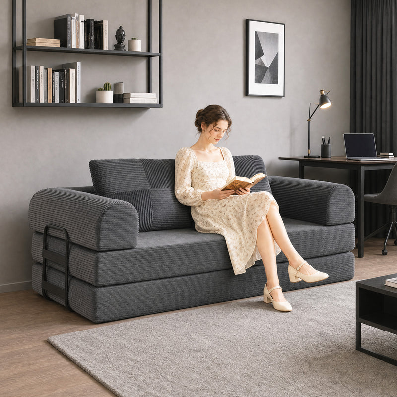 5-in-1 Convertible Sofa Bed, L-Shaped Loveseat Reversible Sleeper Sofa with 2 Pillows, Dark Grey