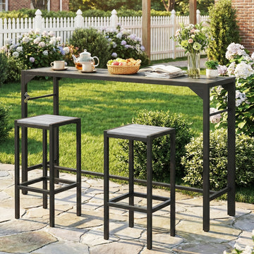 Bar Height Outdoor Table with Built-In Bottle Opener, Patio Bar Table with Wood Grain Plastic Top, 55