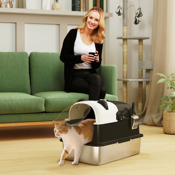 Panda Style XL Stainless Steel Cat Litter Box with Lid, Enclosed Kitty Litter Box with Scoop, 23.7