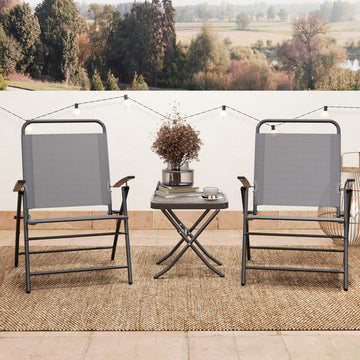 Folding Bistro Set, Small Patio Set with Back Adjustable Chairs and Glass Top Table for Garden, Balcony, Porch, Grey