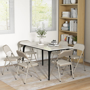 Set of 6 Metal Foldable Chairs, Linen Fabric Padded Folding Chairs with Cushion Seat and Open Back for Indoor, Beige