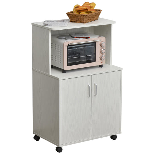 Chariot à micro-ondes sur roulettes, buffet de rangement utilitaire, bibliothèque avec armoire à 2 portes, chêne blanc