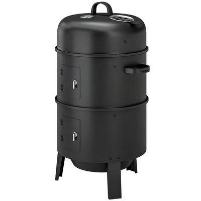 3-in-1 Vertical Charcoal Smoker with 2 Grill Grates, Built-in Thermometer, Adjustable Vent, 2 Doors