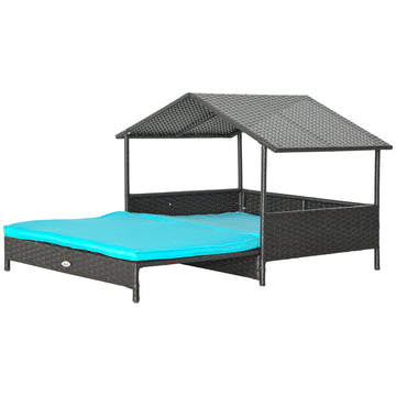 Outdoor Dog House Extendable Wicker Dog Bed with Soft Cushion Washable Cover, for Small and Medium Dogs, Blue