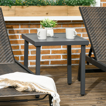 Outdoor Side Table, Patio End Table with Umbrella Hole, Small Coffee Table with Steel Frame for Balcony, Gray