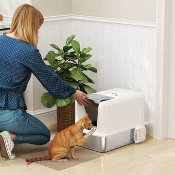 Stainless Steel Cat Litter Box w/ Removable Lid & Scoop, for Small to Large Cats, Easy to Clean, White