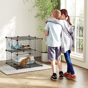 2 Tier Cat Cage Crate, DIY Pet Playpen with 2 Doors, Ladder, Hammock, Perch, Indoor Playpen for Kittens, Black