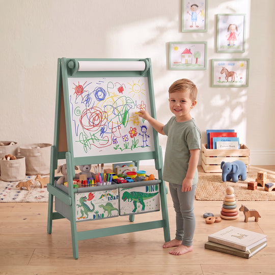 Art Easel for Kids, 3-in-1 Double-Sided Kids Easel with Chalkboard, Whiteboard, Paper Roll, 2 Storage Bins for 3-8, Green