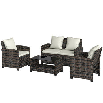 4-Piece Outdoor Wicker Patio Furniture Conversation Set, Includes Loveseat, Chairs and 2-Tier Table with Cushions, Modern Rattan Sofa Set for Backyard