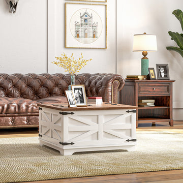 Farmhouse Coffee Table, Square Center Table with Flip-top Lids, Hidden Storage Compartment, Black