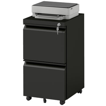 Mobile Vertical Filing Cabinet with Lock, 2-Drawer Steel File Cabinet with Adjustable Hanging Bar for Letter, A4 and Legal Size, Black
