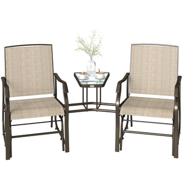 Double Patio Glider Chair with Glass Top Center Table, Outdoor Glider Loveseat with High Back,  All Weather Breathable Mesh Fabric for Garden, Backyard, Deck, Light Brown