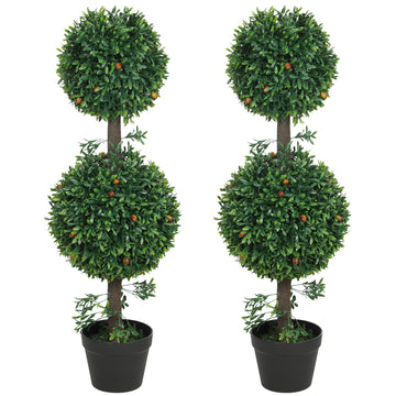 3FT Artificial Boxwood Topiary Tree Set of 2, Faux Two Ball Topiary Tree in Pot for Indoor Outdoor Decor, Green