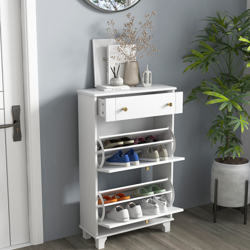 Slim Shoe Storage with 2 Flip Drawers and Adjustable Shelves Shoe Cabinet Organizer for 8 Pair,  White