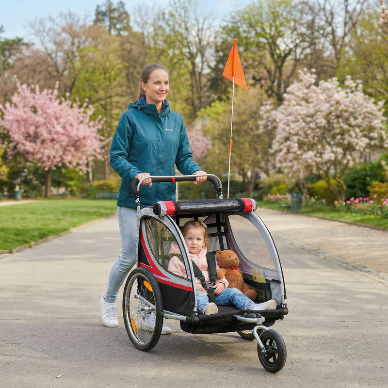 2 Seat Bike Trailer for Kids 2-in-1 Double Baby Stroller with Handbrake, Rubber Wheels, 5 Point Harness, Waterproof Cover, Storage Bag, Reflectors, Blue