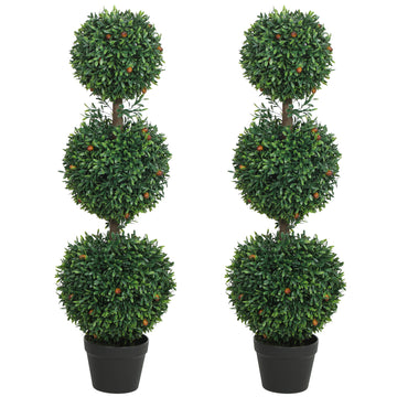 3.3FT Artificial Boxwood Topiary Tree Set of 2, Faux Three Ball Topiary Tree in Pot for Indoor Outdoor Decor, Green