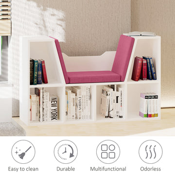 Bibliothèque à 6 compartiments avec coussin de siège, étagère de rangement cubique avec coin lecture pour bureau à domicile, bureau, rose