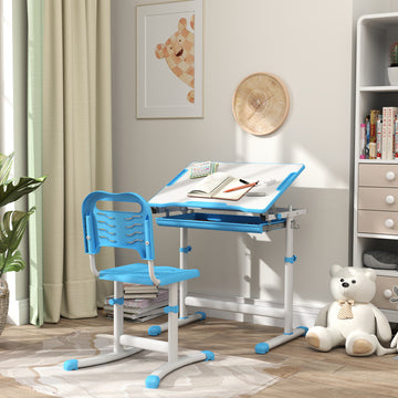 Qaba Height Adjustable Study Table and Chair Set with Drawer, Pen Slot, Tiltable Desktop, Hook, Blue