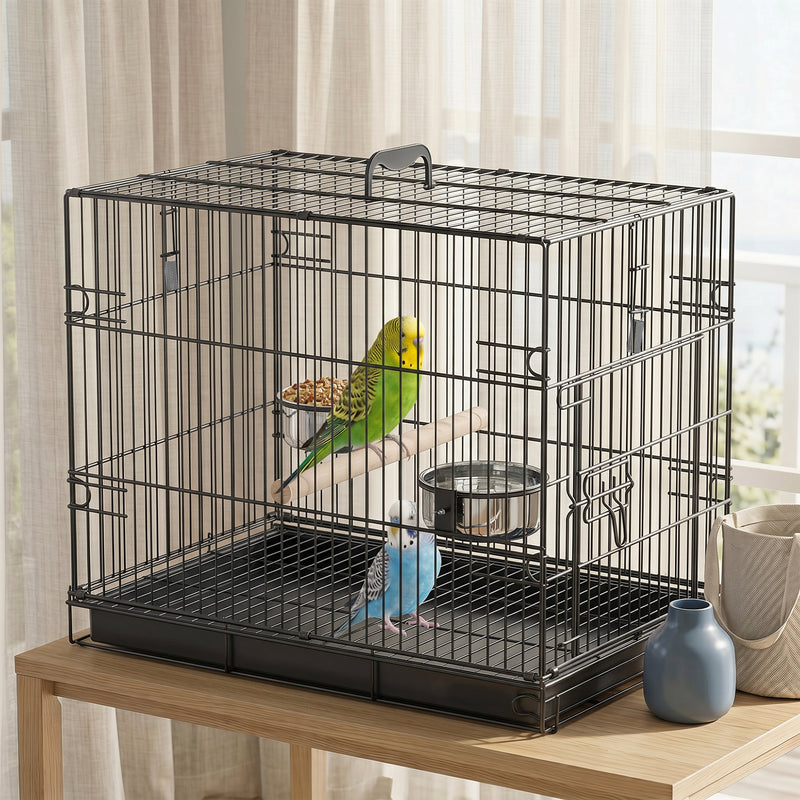 Bird Cage Portable w/ Slide-Out Tray Travel Cage for Parakeets w/ Perch & Food Bowls Black