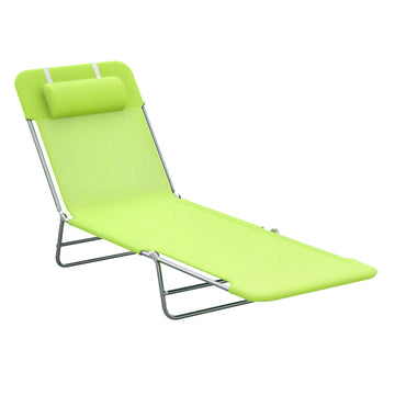 Outdoor Lounge Chair, Portable Adjustable Reclining Seat Folding Chaise Lounge Patio Camping Beach Tanning Chair Bed with Pillow, Light Green