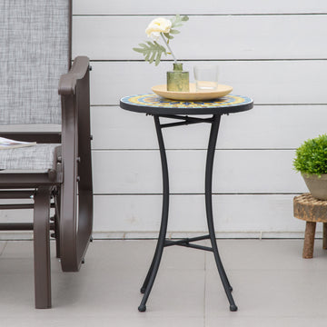 Mosaic Patio Table, Round Coffee Table with Metal Frame, Garden Furniture for Outdoor, Poolside, Yellow