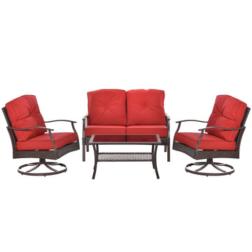 4 PCS Patio PE Rattan Wicker Sofa Set Outdoor Conversation Furniture w/ Two Tier Tea Table & Cushions, Red