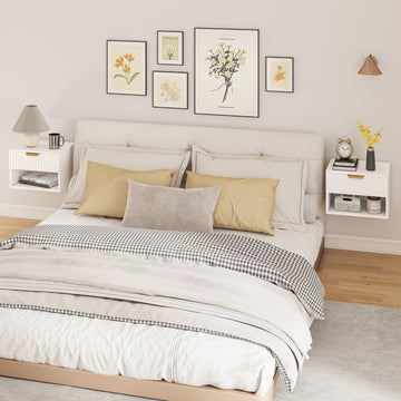 Floating Nightstands, Wall Mounted Bedside Tables Set of 2 with Drawer and Open Shelf, White