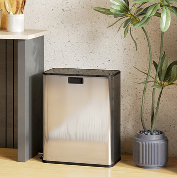 Dual Trash Can with Soft-Close Lid, Garbage Can with Removable Inner Bucket for Kitchen 14.8gal, Silver