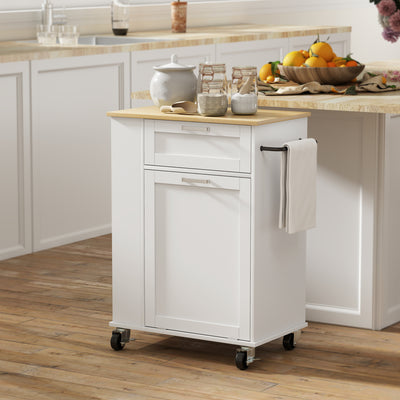 Rolling Kitchen Island with Trash Can Storage, Kitchen Island on Wheels with Spice & Rack, Drawer for Kitchen, White