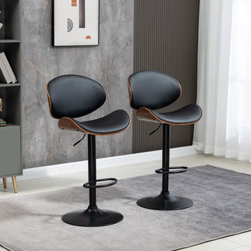 Bar Stools Set of 2, Modern PU Leather Adjustable Swivel Barstools with Curved Back, Footrest and Steel Base, Black