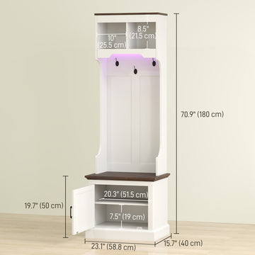 3-in-1 Hall Tree with LED Lights and Bench, Coat Rack with Shoe Storage, White Wood Grain with Light