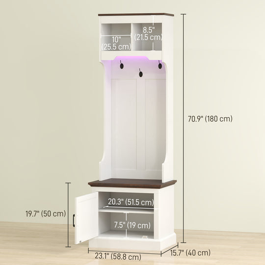 3-in-1 Hall Tree with LED Lights and Bench, Coat Rack with Shoe Storage, White Wood Grain with Light