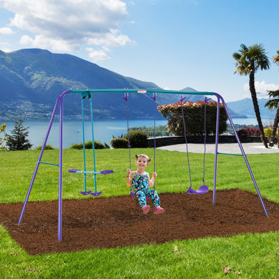 3 in 1 Metal Swing Set with Double Swings, Glider for Backyard, Outdoor, Playground, Purple