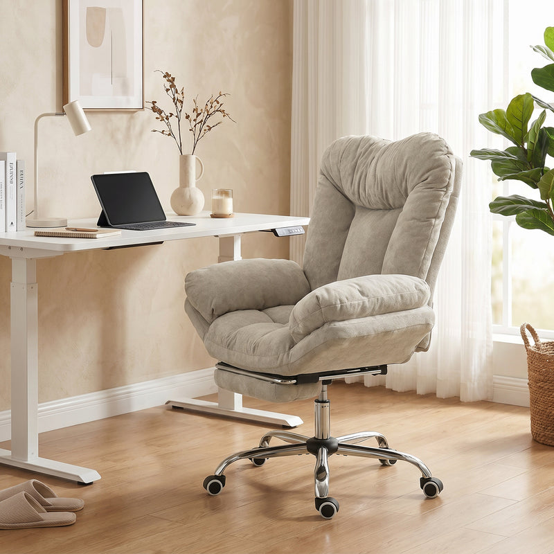 Criss Cross Chair with Wheels, Waterfall Armrests, Overstuffed Wide Office Chair with Footrest, Light Grey