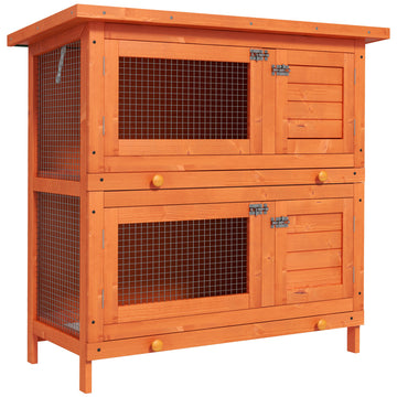 2-Tier Wooden Rabbit Hutch Small Animal House Bunny Pet Cage with 2 Main Rooms, Sliding Tray, Opening Top, Yellow