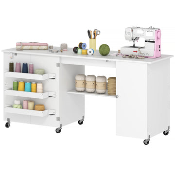 Sewing Machine Table with Drop Leaf, Folding Craft Table with 2 Doors and Adjustable Shelf for Small Spaces, White