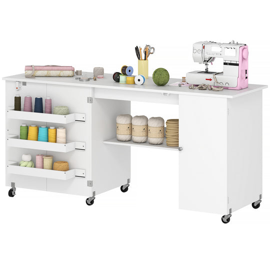 Sewing Machine Table with Drop Leaf, Folding Craft Table with 2 Doors and Adjustable Shelf for Small Spaces, White