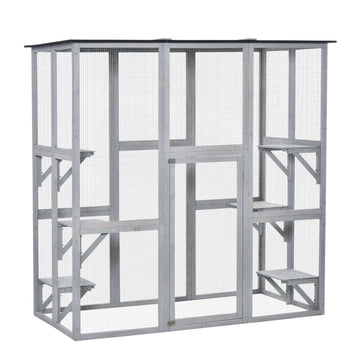 Grand Enclos Catio Extérieur, Maisonnette pour Chats Résistante aux Intempéries avec Toit en Asphalte, Cage Patio en Bois avec 6 Plateformes Équilibrées, 71